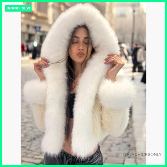 Faux Fur Hooded Cropped Jacket with Pockets Winter Outerwear - Picture 2 of 7